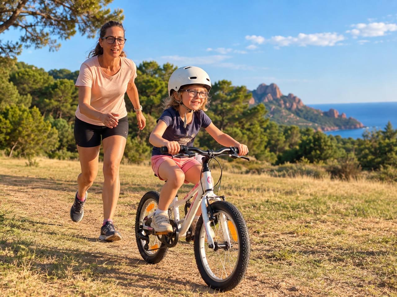 Illustration of a woman supporting a helmeted child learning to ride a bike, with a Mediterranean landscape in the background