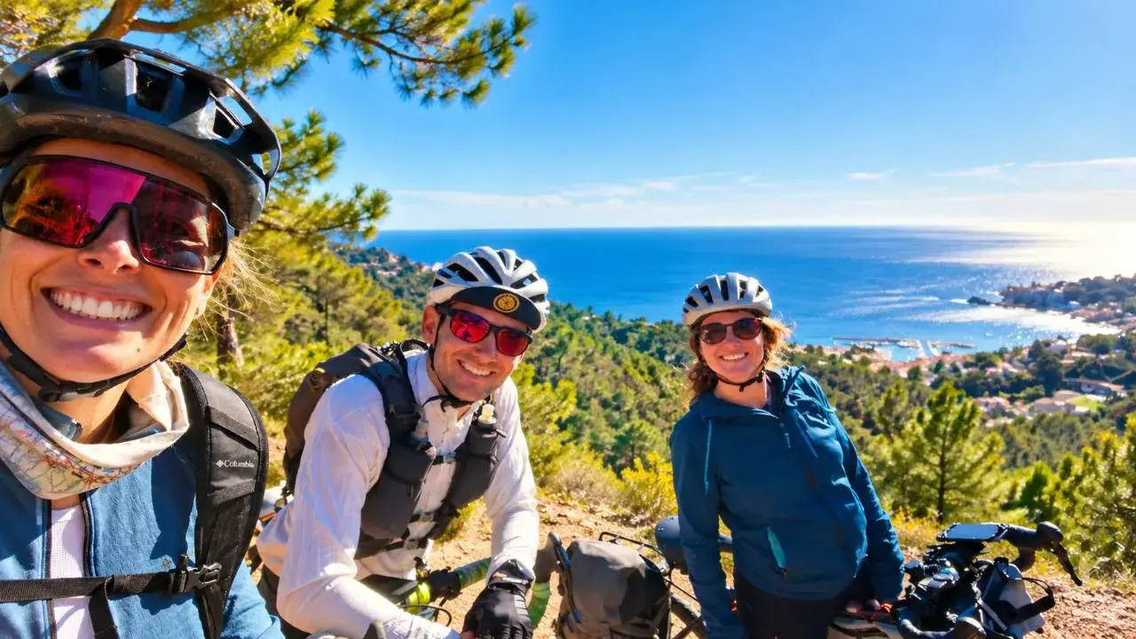 Three happy cyclists enjoying a sunny ride overlooking the Mediterranean coast