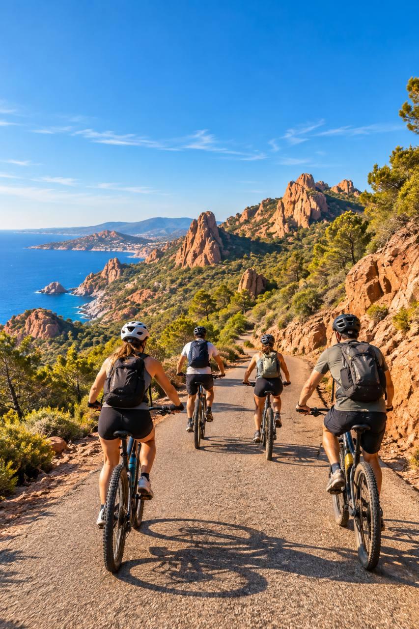 Four helmeted mountain bikers with backpacks riding through the red rocks of the Estérel above the Mediterranean