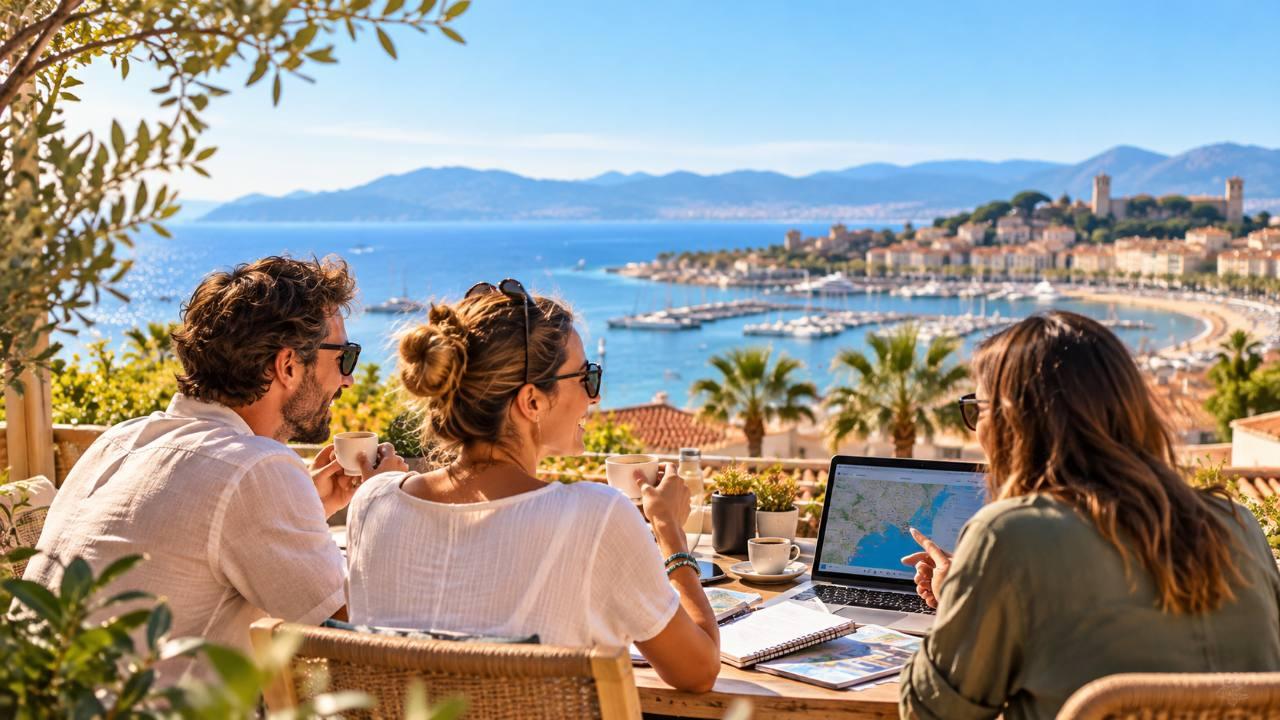 Three people collaborating over coffee and a laptop on a terrace overlooking Cannes and the Mediterranean