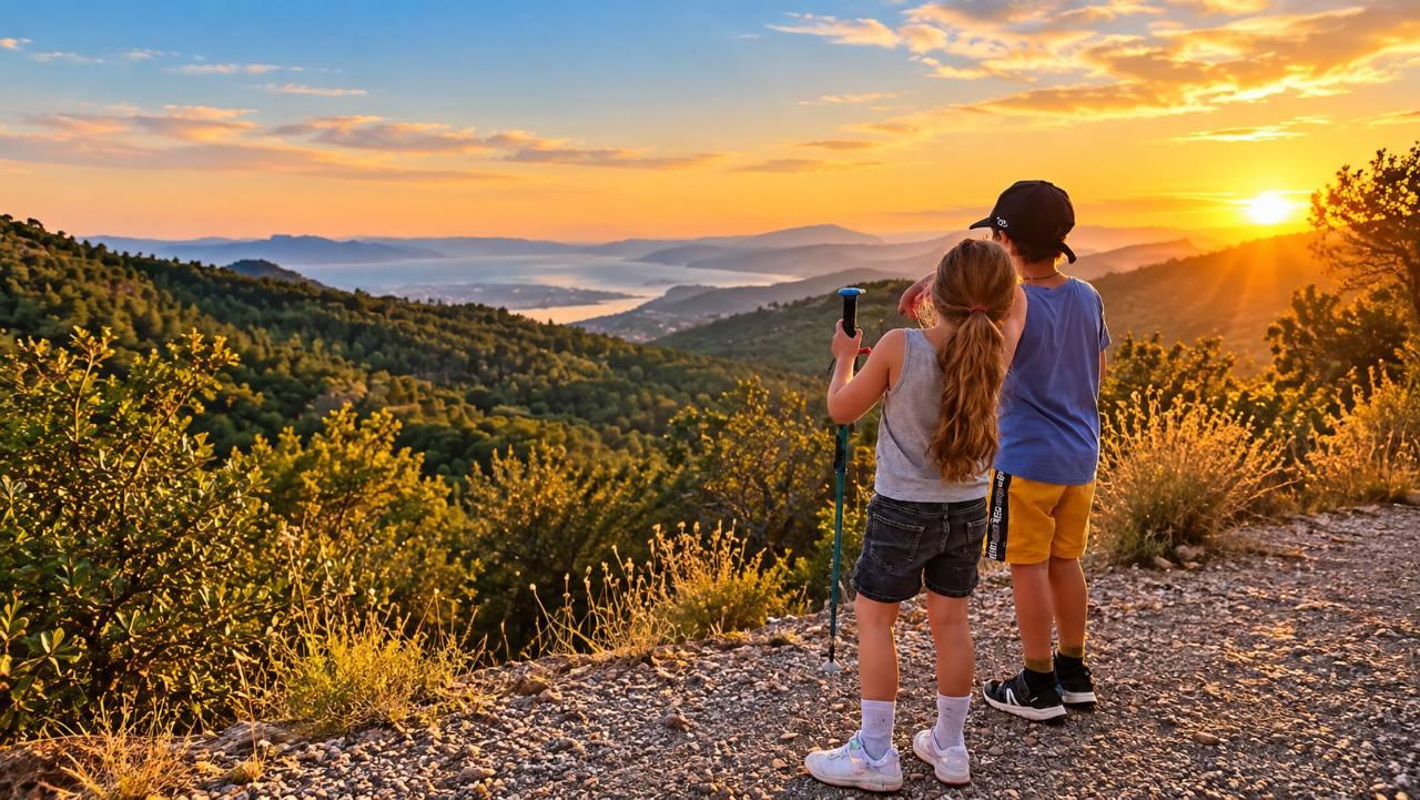 Two young hikers looking over the French Riviera at sunset