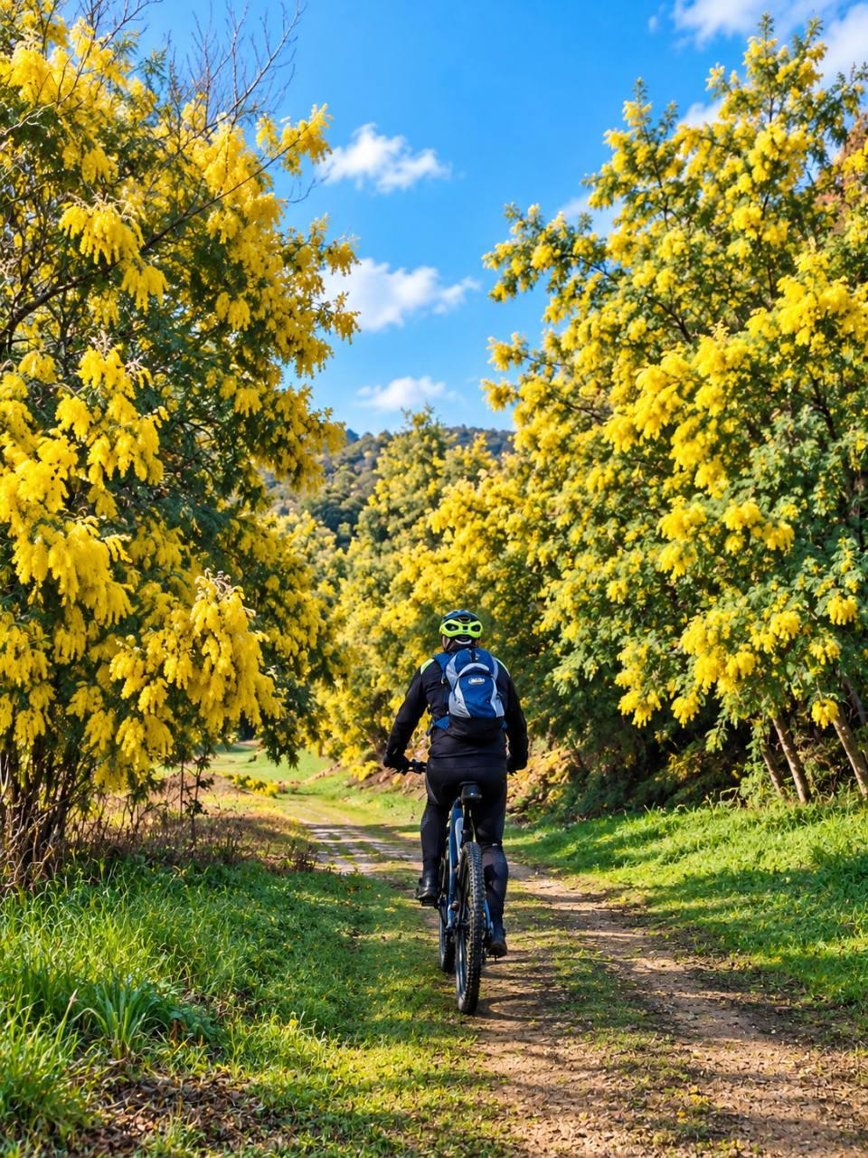 Illustration of a cyclist on a trail bordered by yellow mimosa